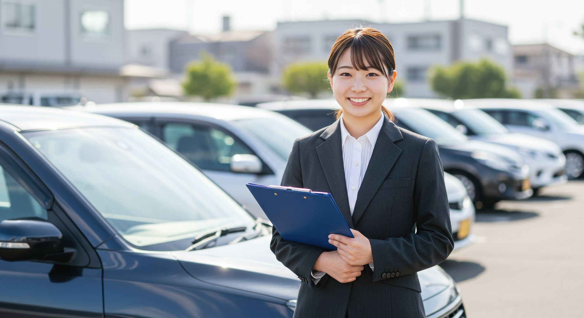 駐車場でクリップボードを持つスーツ姿の女性営業スタッフ