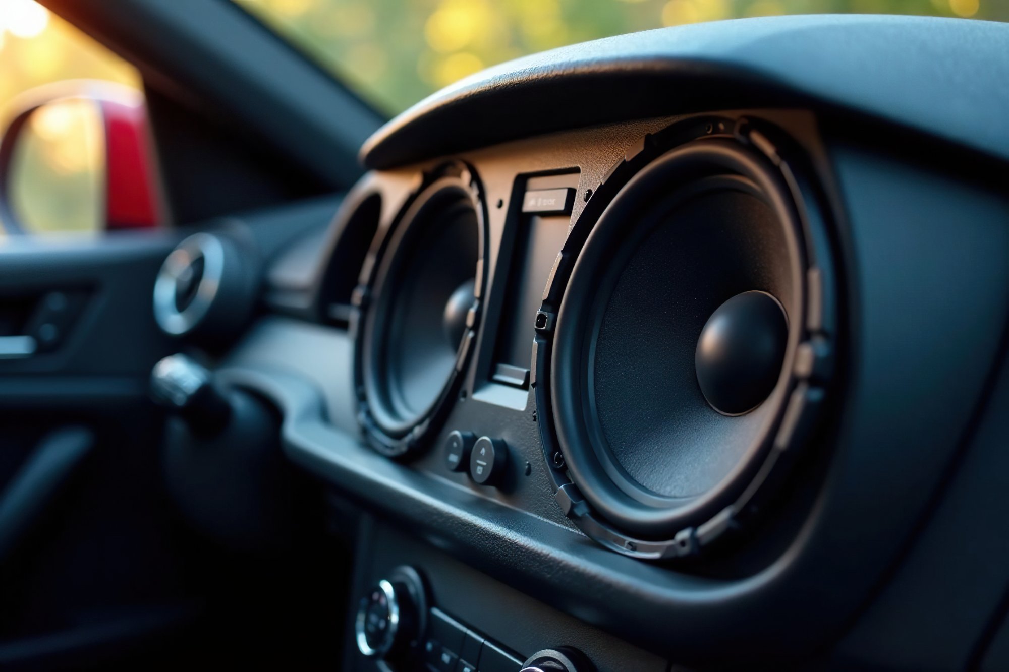 車のダッシュボードに組み込まれたカーオーディオスピーカー