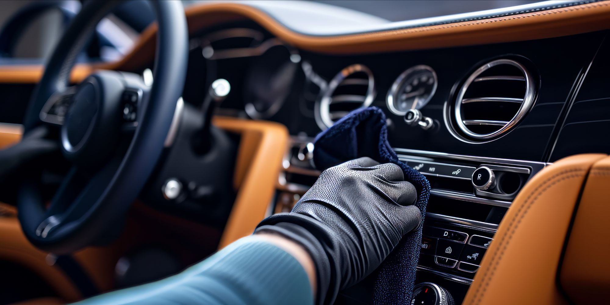 高級車の車内でマイクロファイバークロスで清掃作業をする手