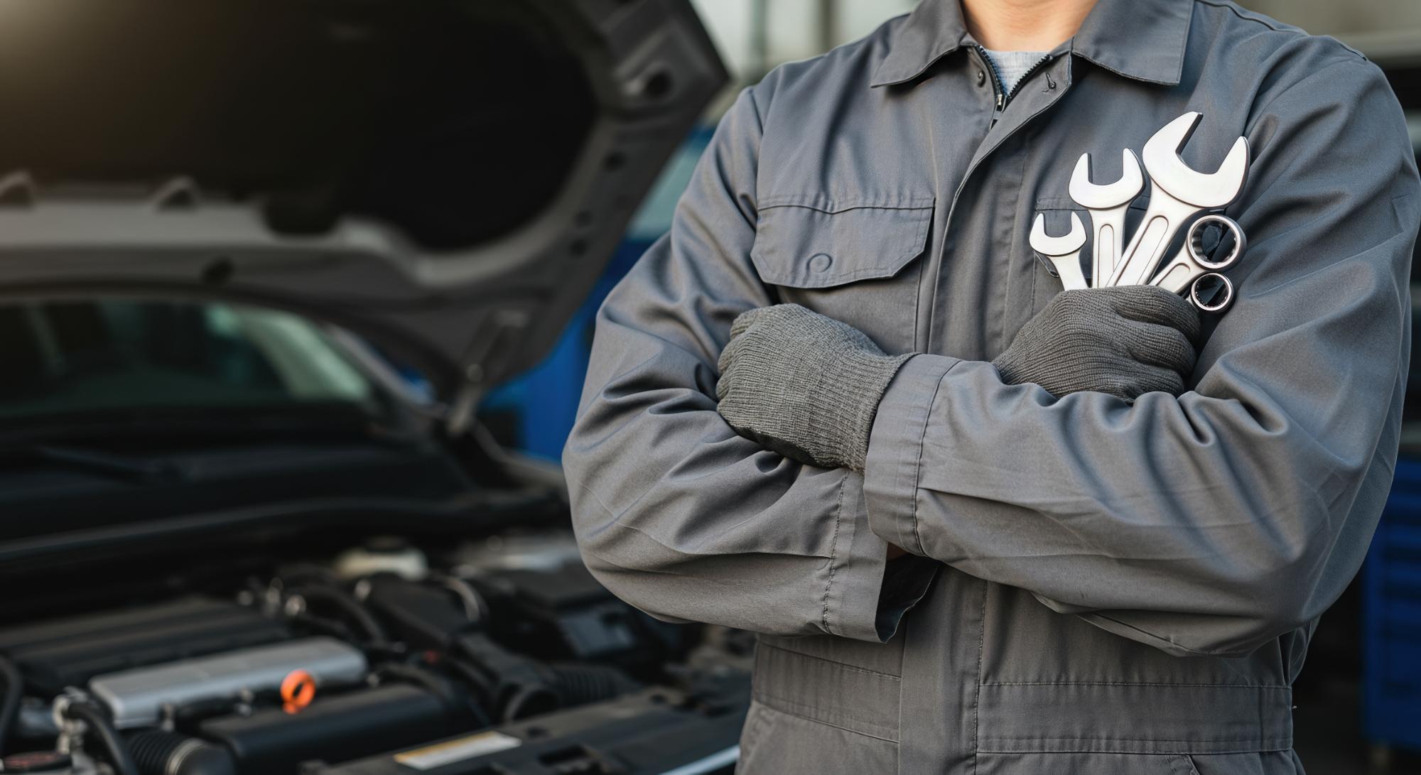 自動車整備工場で腕を組んで立つ作業服の男性整備士