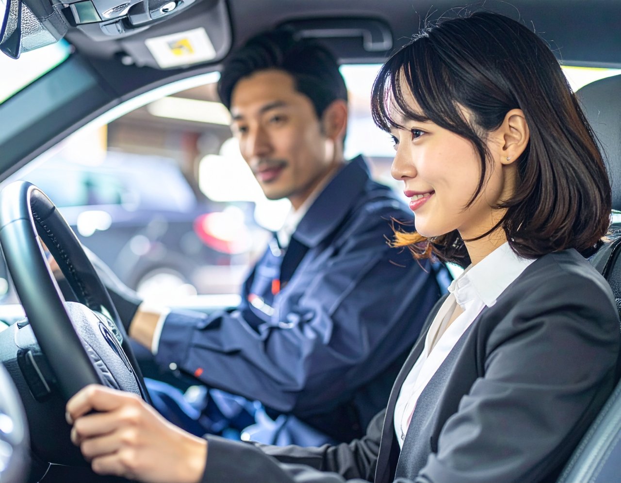 車の試運転をしている女性のお客さんと同乗している整備士