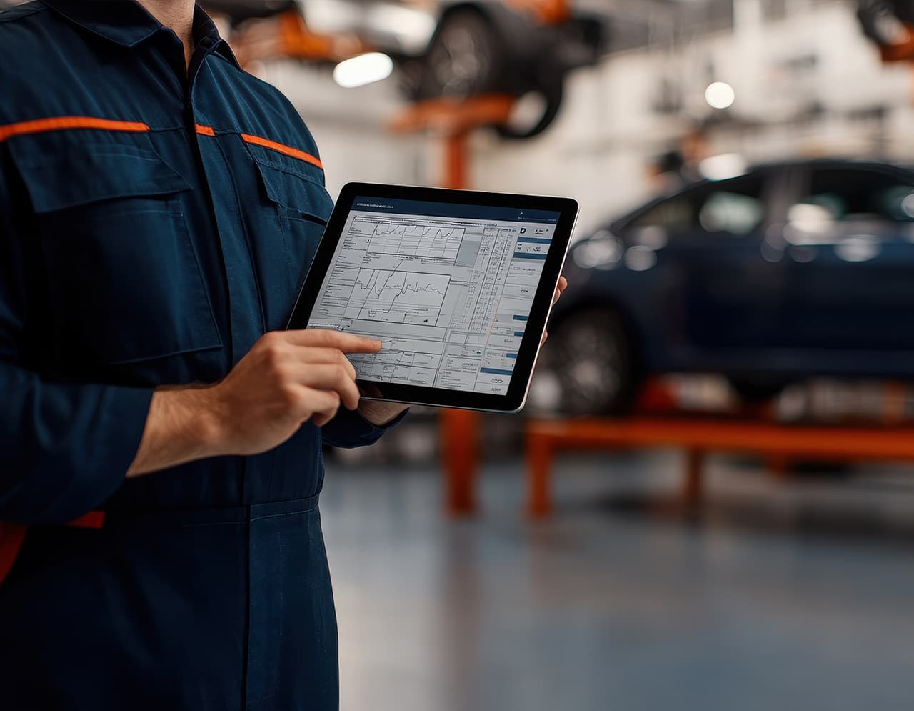 整備士がタブレット端末を持ち、車の診断データを表示・操作しているところを
