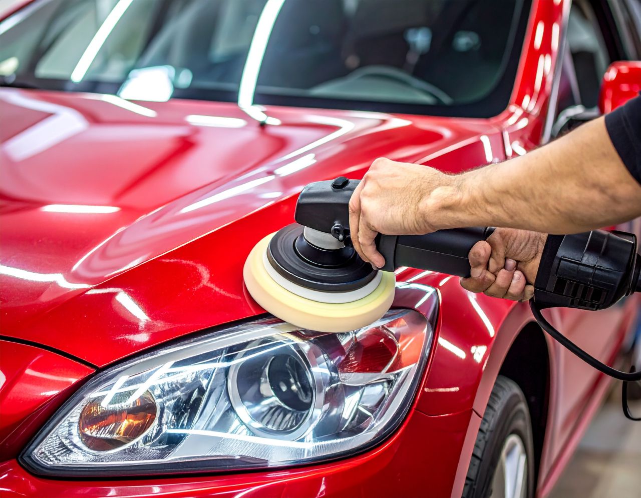 赤い車のボンネットを電動ポリッシャーで磨いている手元の様子