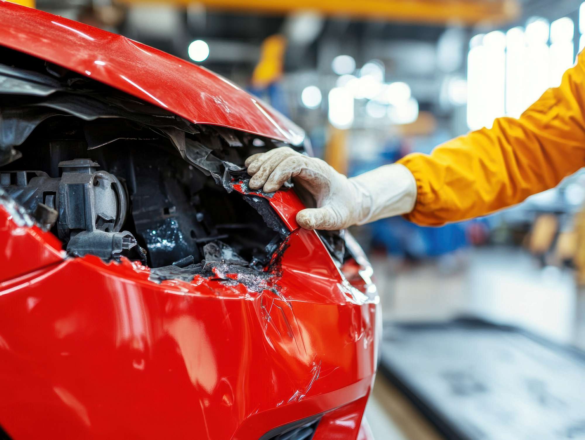 自動車工場で赤い車のボディの修復作業をする作業員の手