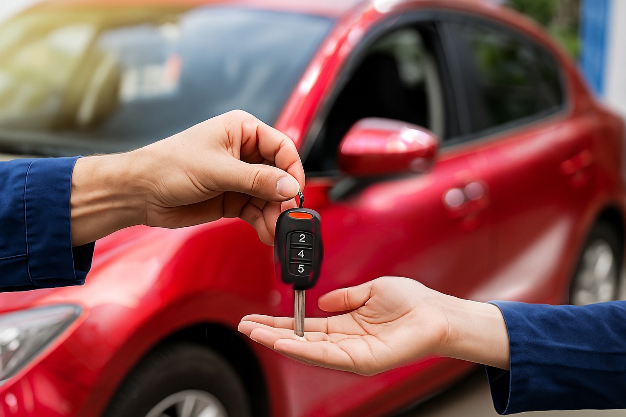 赤い車の前でキーを受け渡している場面