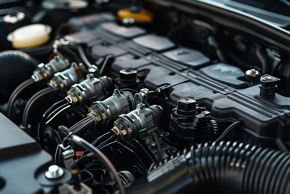 車のエンジンルームとエンジン部品